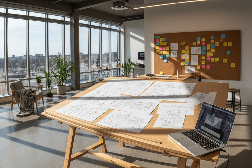 Drafting table with sketches, laptop, and corkboard under warm natural light, evoking strategic career revitalization