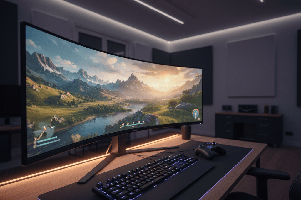 Detailed gaming station with wide monitor displaying vibrant open-world terrain under ambient lighting, highlighting modern gaming trends
