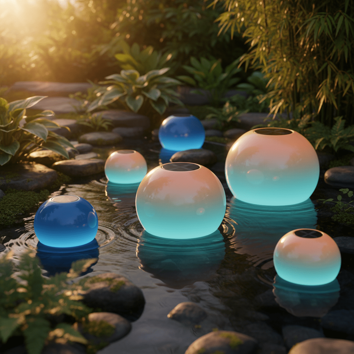 Solar-powered floating lights illuminate a tranquil pond with soft color transitions.