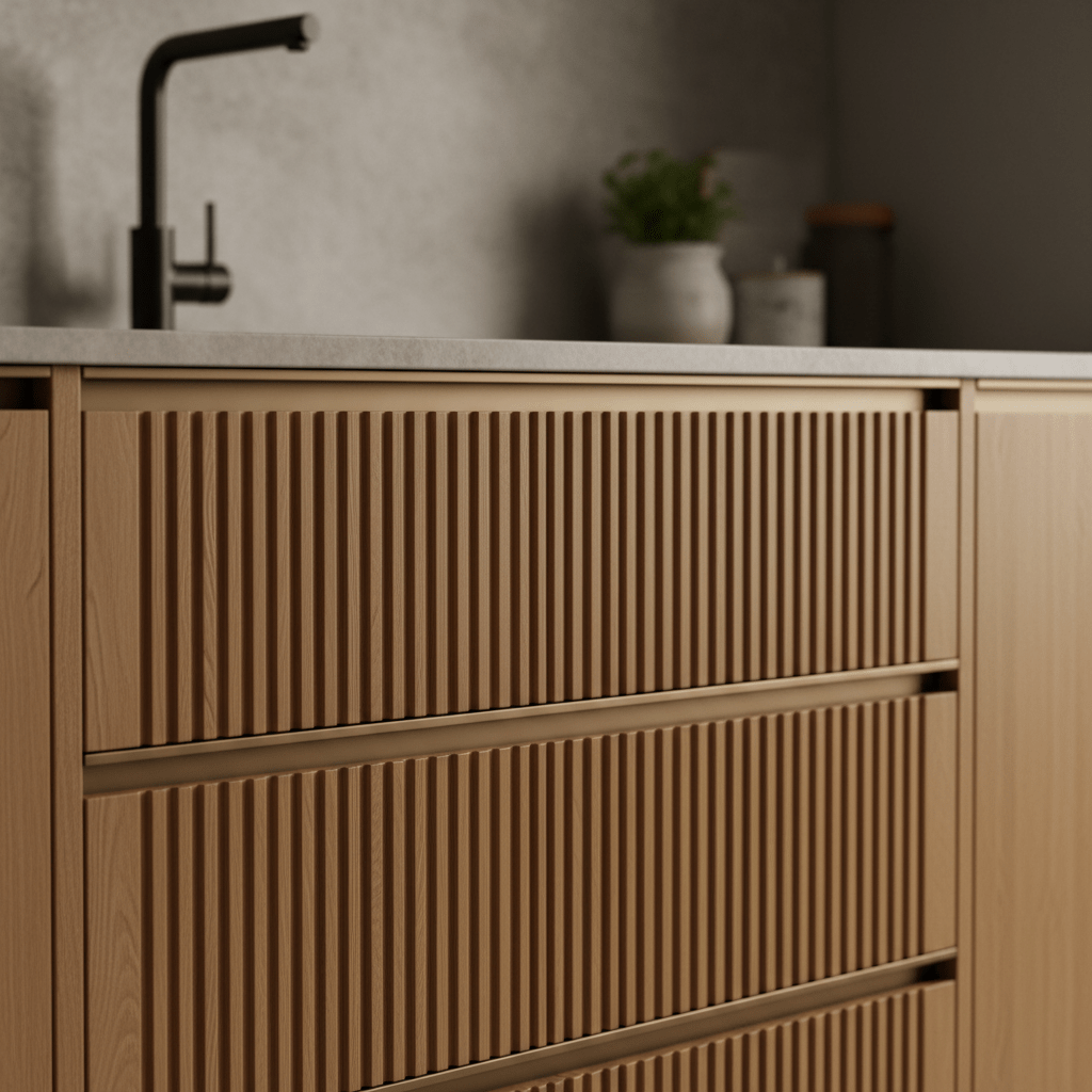 Close-up of transitional kitchen drawers with fluted oak fronts and seamless edges.