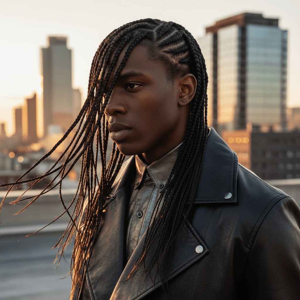 Dramatic asymmetrical braid sweep on a man against an urban rooftop at golden hour.