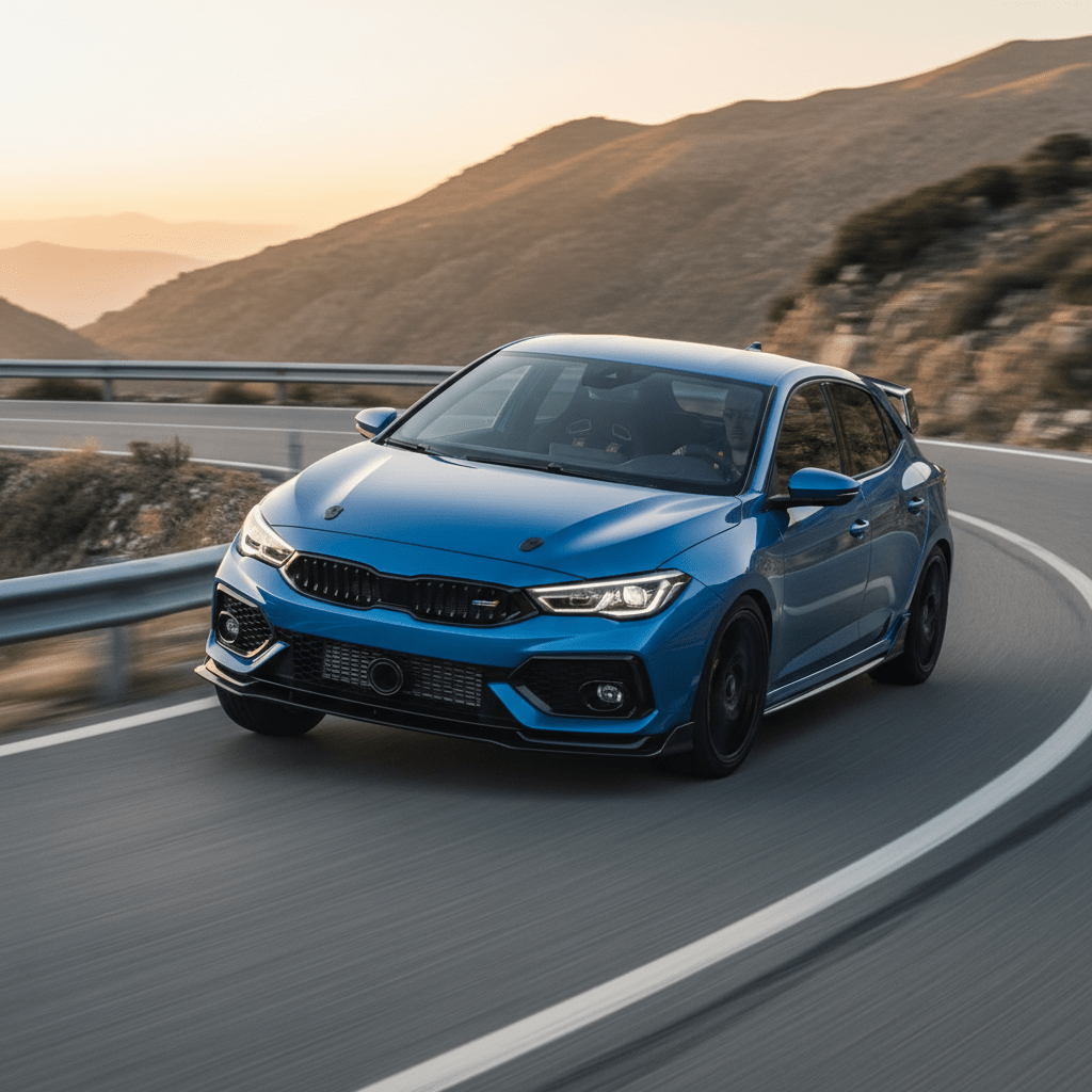 Vibrant electric blue hot hatch aggressively corners on mountain road, lifting wheel.