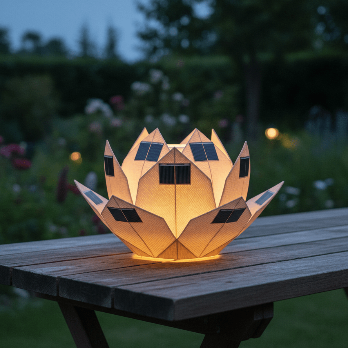 Origami lotus solar lantern with ripstop nylon petals diffusing warm light.
