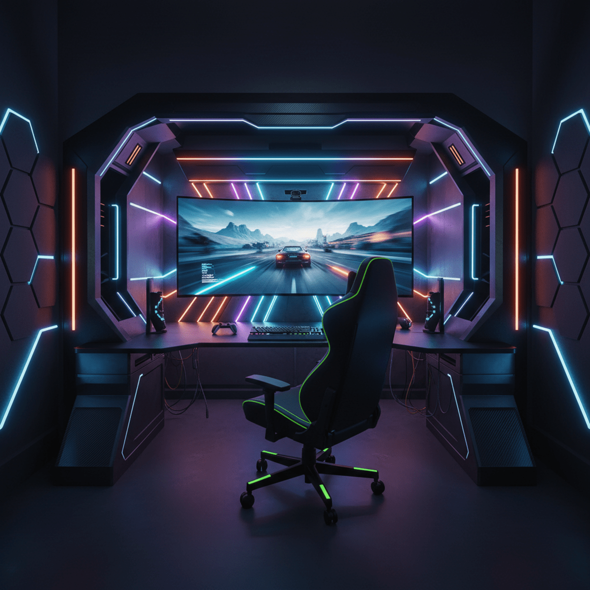 Sleek futuristic gaming cockpit with dynamic RGB lighting and an 80-inch TV.