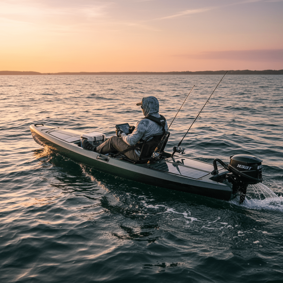 Futuristic fishing kayak with solar assist on the ocean Angler operates a futuristic fishing kayak with solar panels in the open ocean.