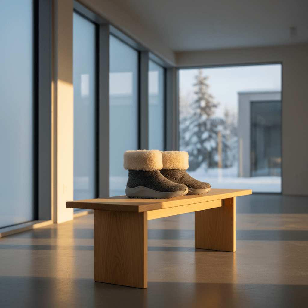 Sustainable charcoal grey boots with plush fur trim. Charcoal grey boots with vegan fur trim on a bench in a sunlit room.