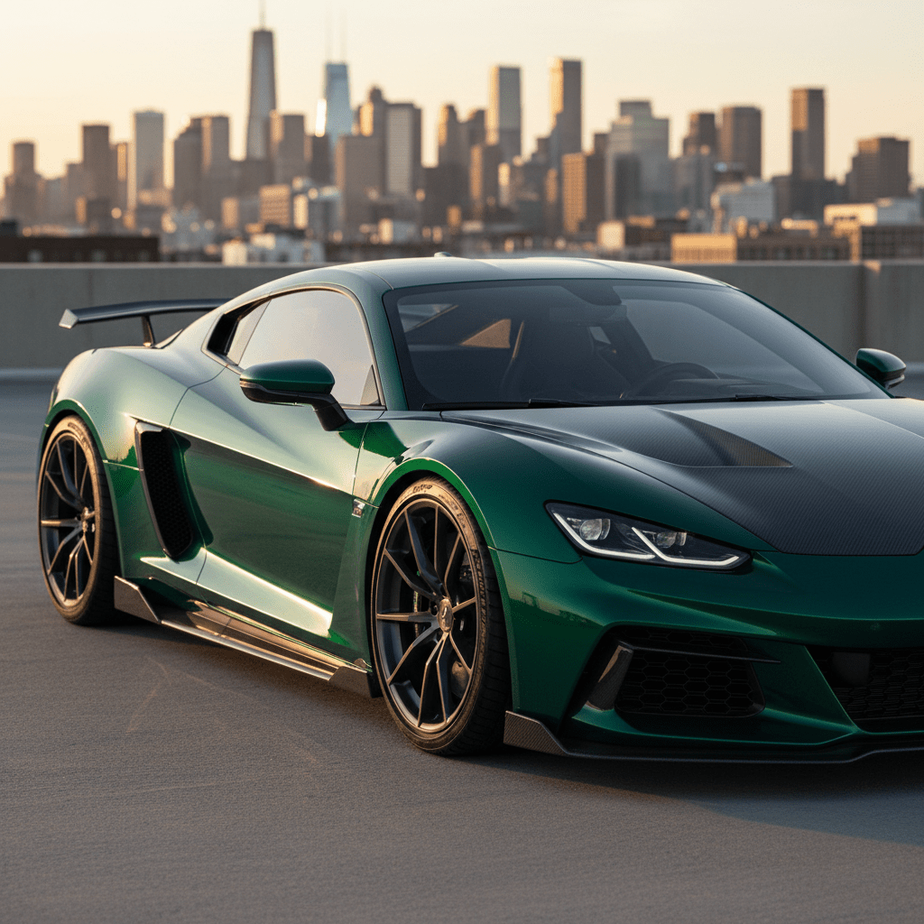 Low-profile turbocharged sports car with aggressive stance on urban rooftop at golden hour.