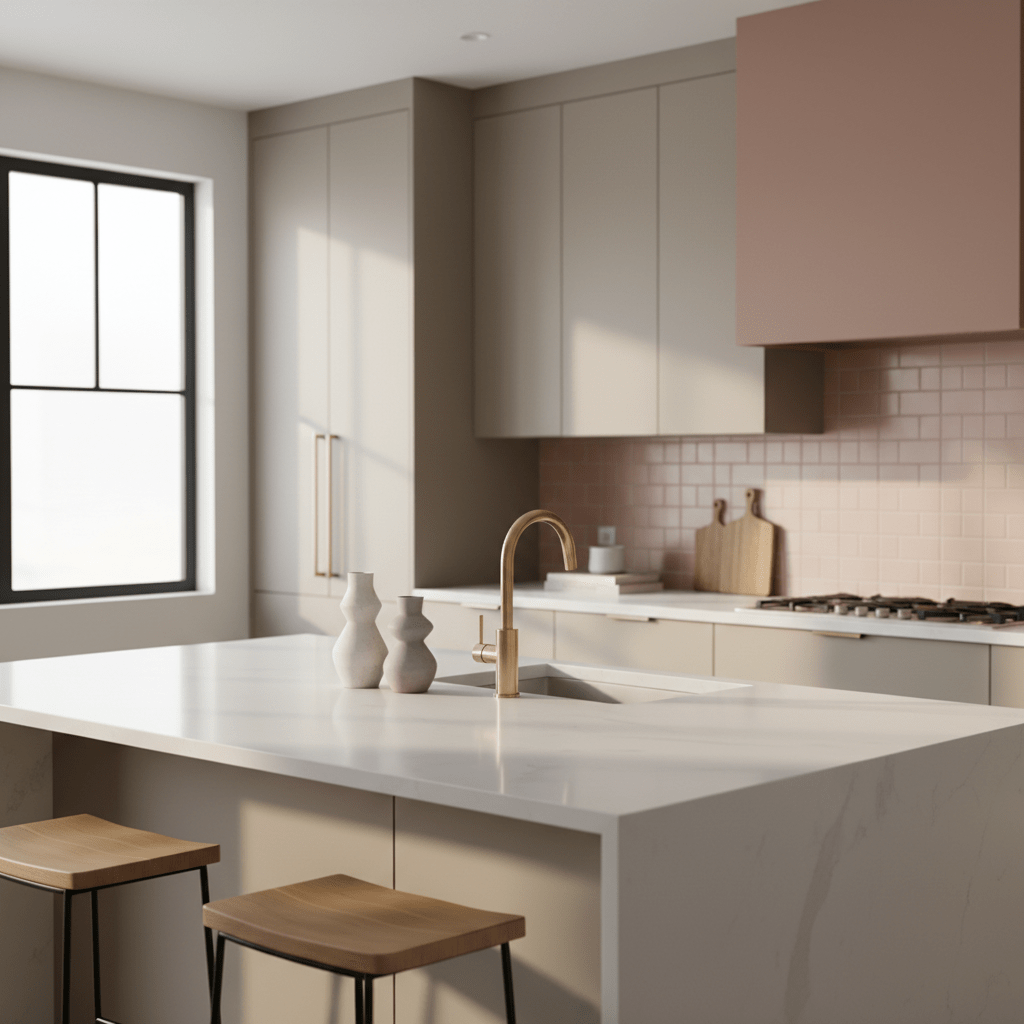Warm greige kitchen with dusty rose accents, matte cabinets, and quartz countertops.