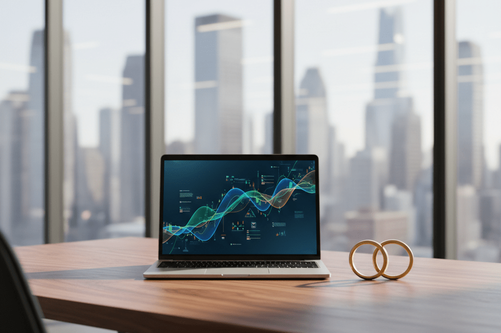 Medium shot of a sleek desk with laptop showing abstract finance charts and interlocking brass rings, bathed in natural light with city view through glass