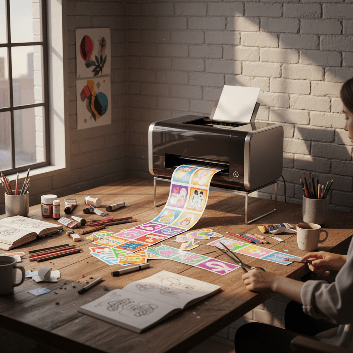 Creative workshop with advanced sticker printer and colorful borderless prints on wooden table.