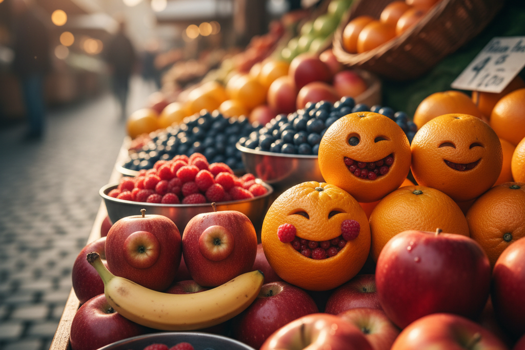 Close-up of colorful fruits styled to evoke character-like charm under natural light