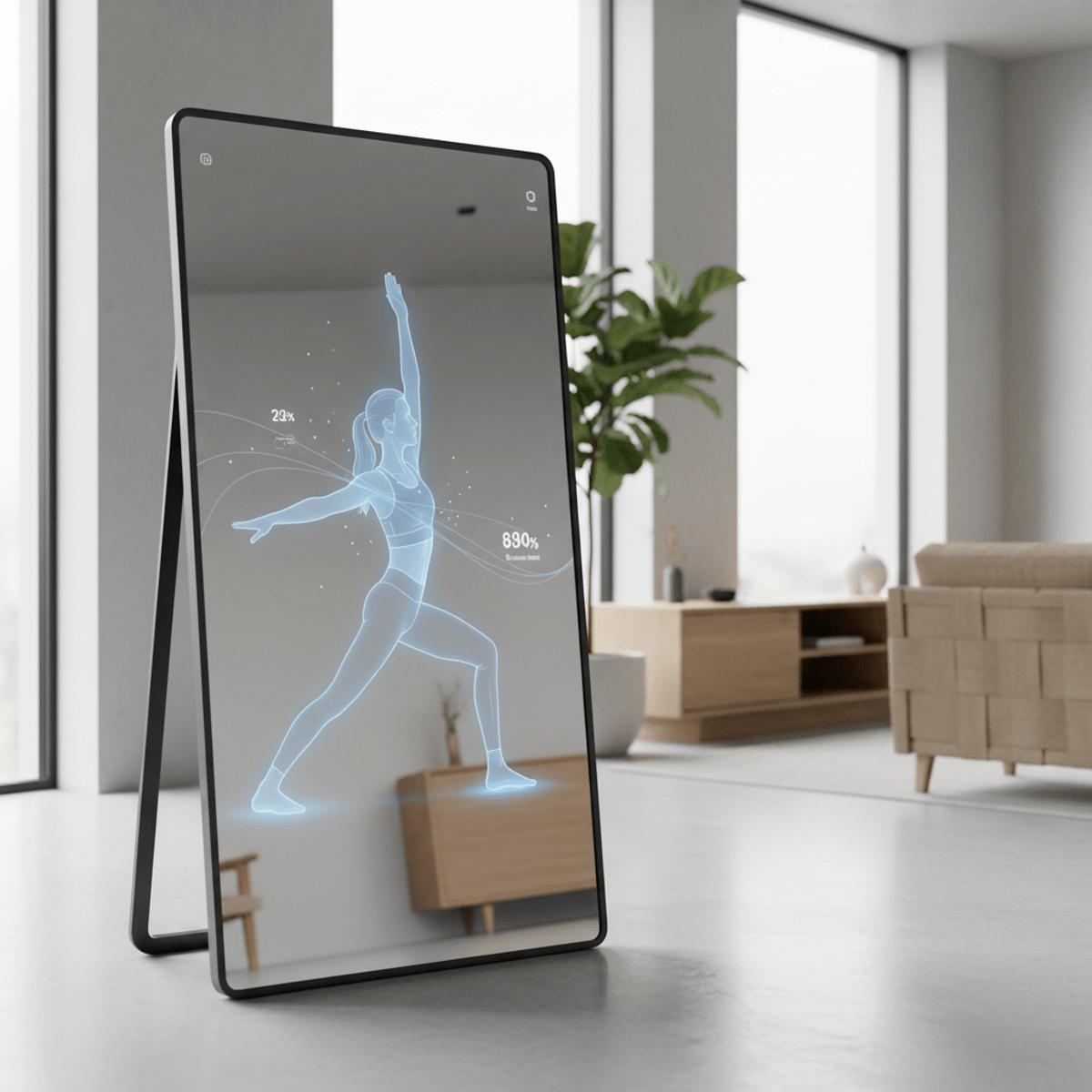 Sleek smart fitness mirror displaying holographic instructor for a contemporary yoga session.