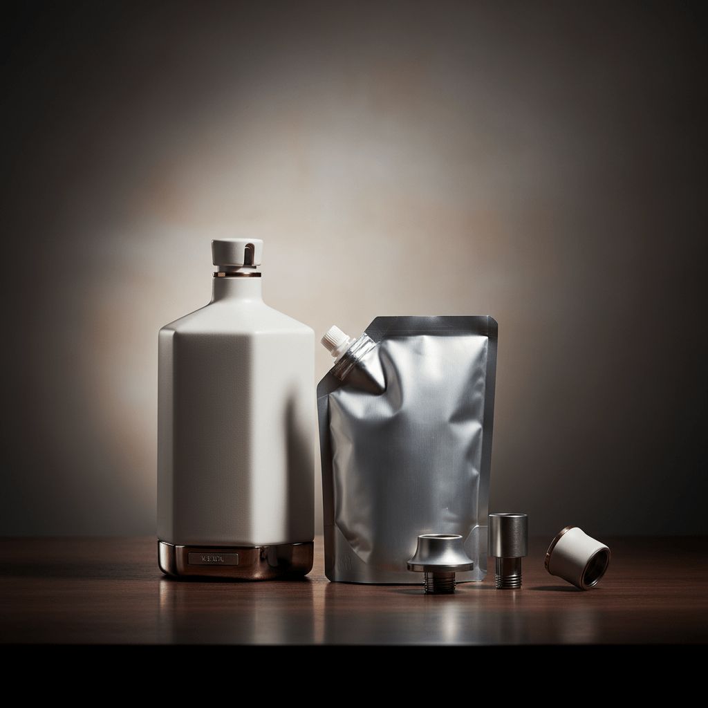 Luxurious modular vodka bottle set crafted from matte ceramic with metallic accents.