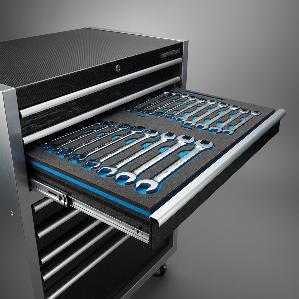 Open tool chest with precisely cut Kaizen foam wrench organizers in two tones.