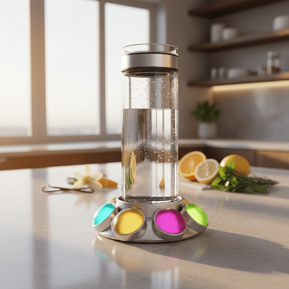 Modern water bottle with colorful flavor pods on a sleek kitchen counter.