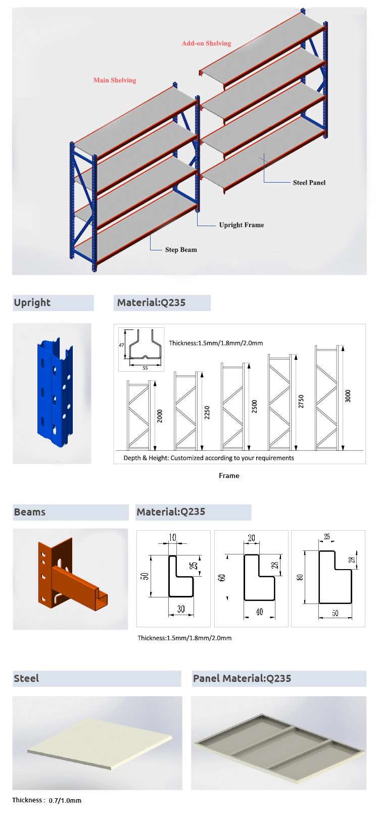 Customized Heavy Duty Storage Racks Stacking Steel Shelves Adjustable