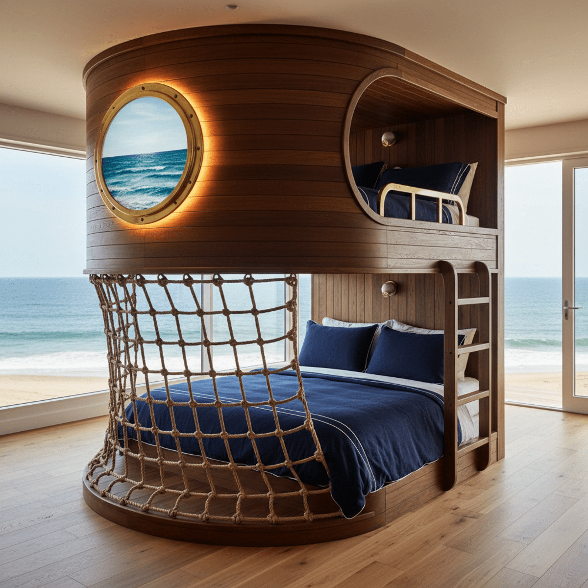 Circular bunk bed with captain's quarters and porthole in a beach house setting.