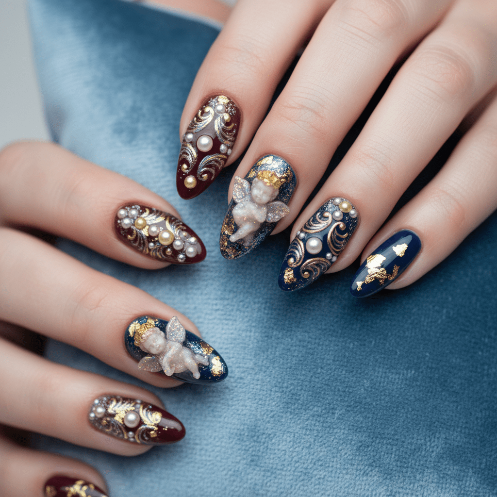 Close-up of acrylic nails with intricate Neo-Baroque rococo filigree and 3D cherubs.