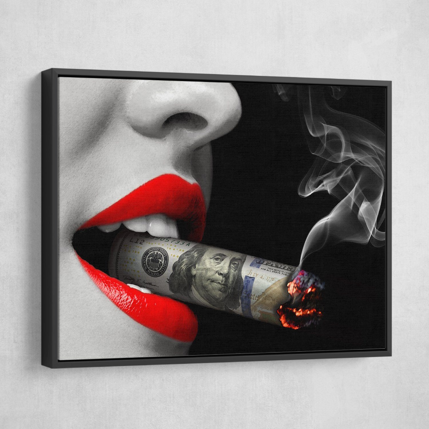 Fashion Modern Sexy Women Red Lips Smoking Cigar Money Decor Painting for Bed Living Room Factory Custom