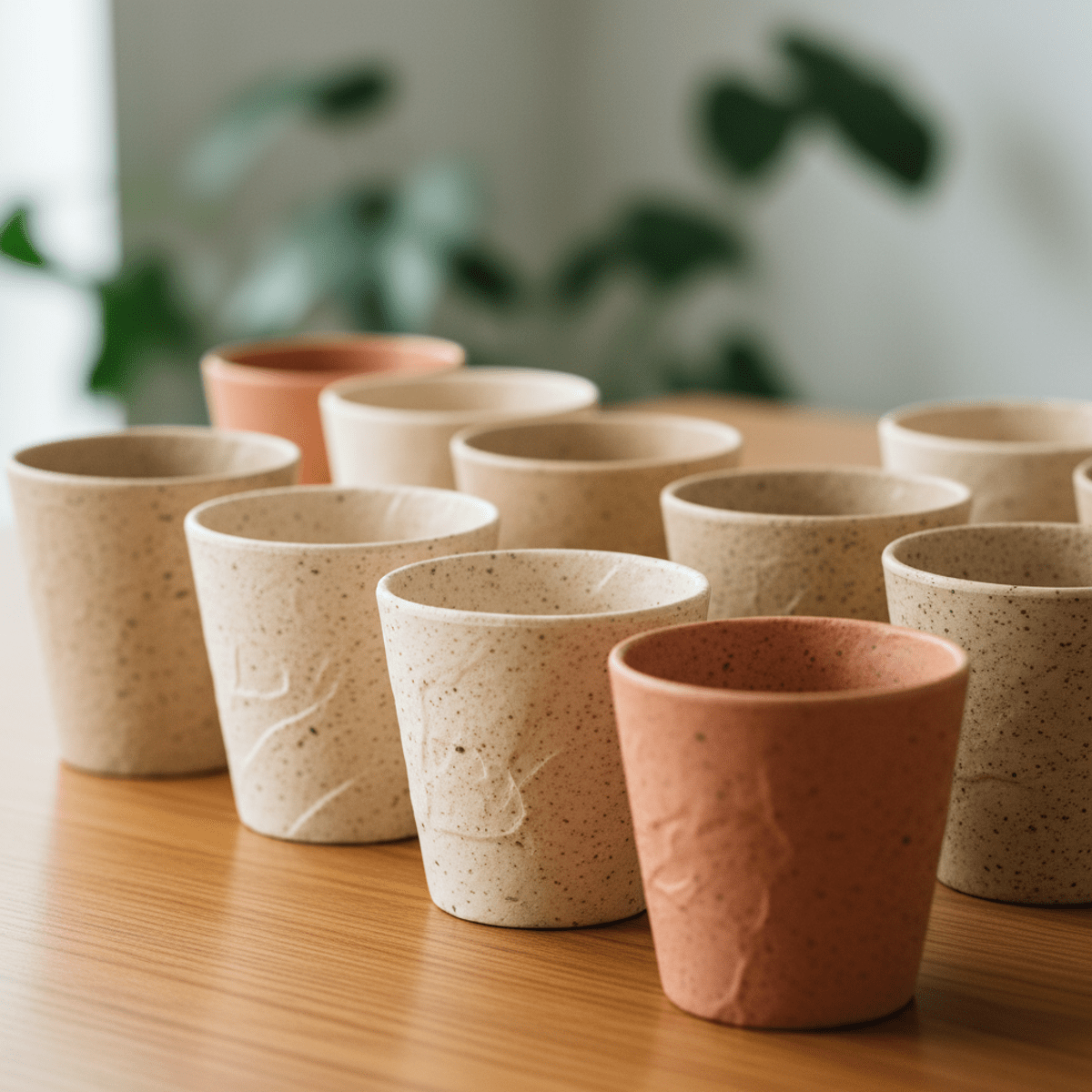 Eco-friendly snack cups made from rice husk and wheat straw composites.