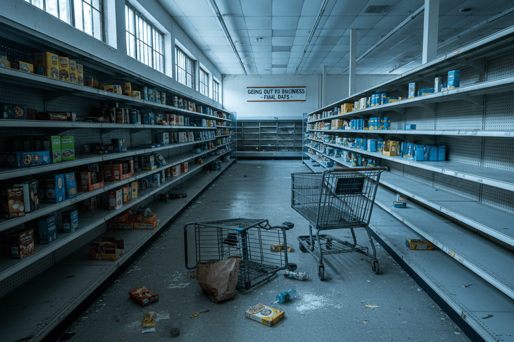 Wide shot of deserted grocery store aisle with scattered items and shopping carts under natural light, reflecting disrupted shopping routines