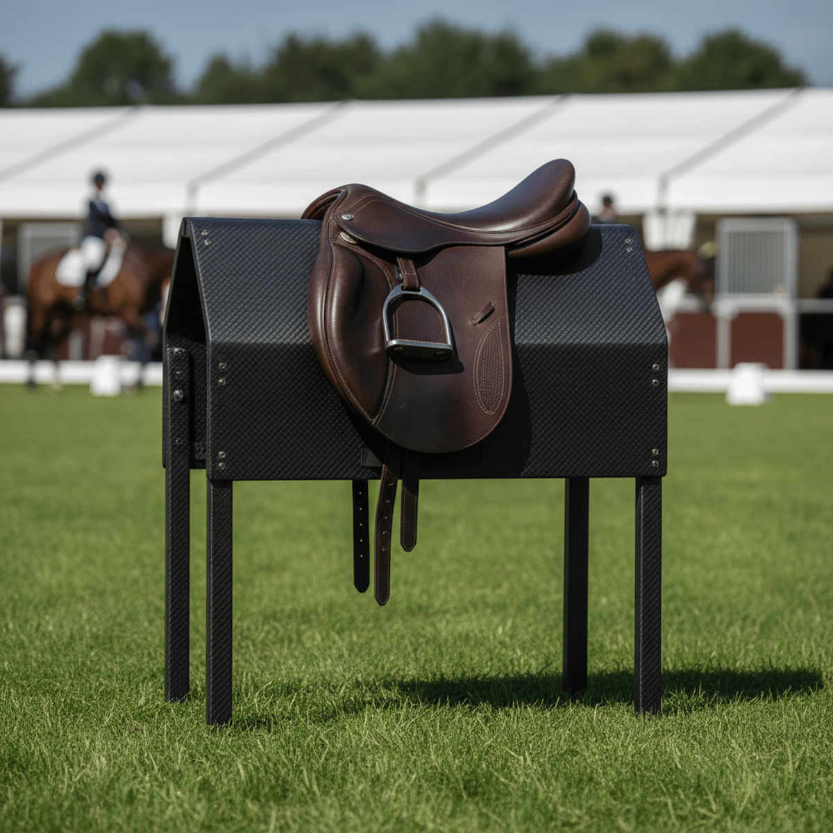 Advanced carbon fiber saddle rack extended, supporting a leather saddle at a competition.