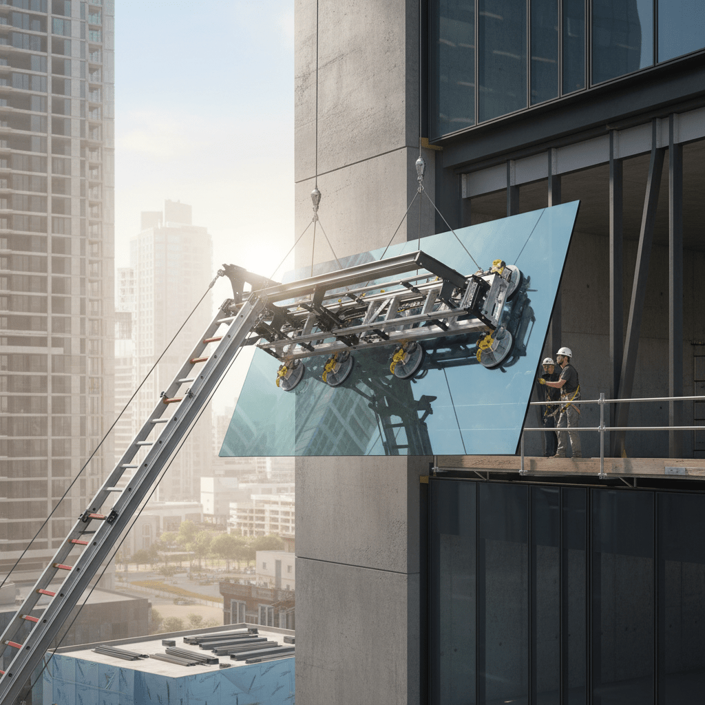 Glass hoist system installing architectural glass pane into angled frame.