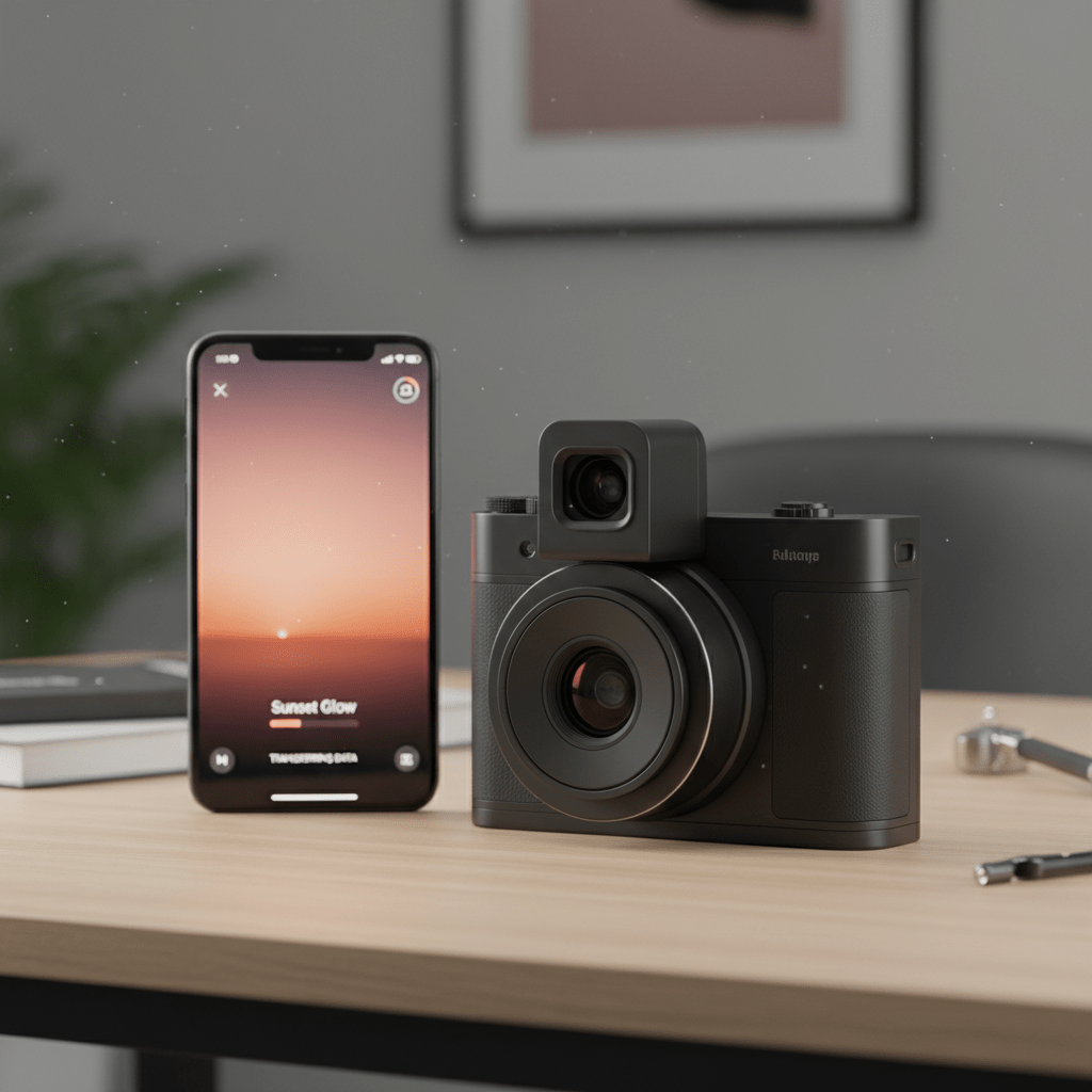 Compact budget camera with vertical lens on a desk next to a smartphone.