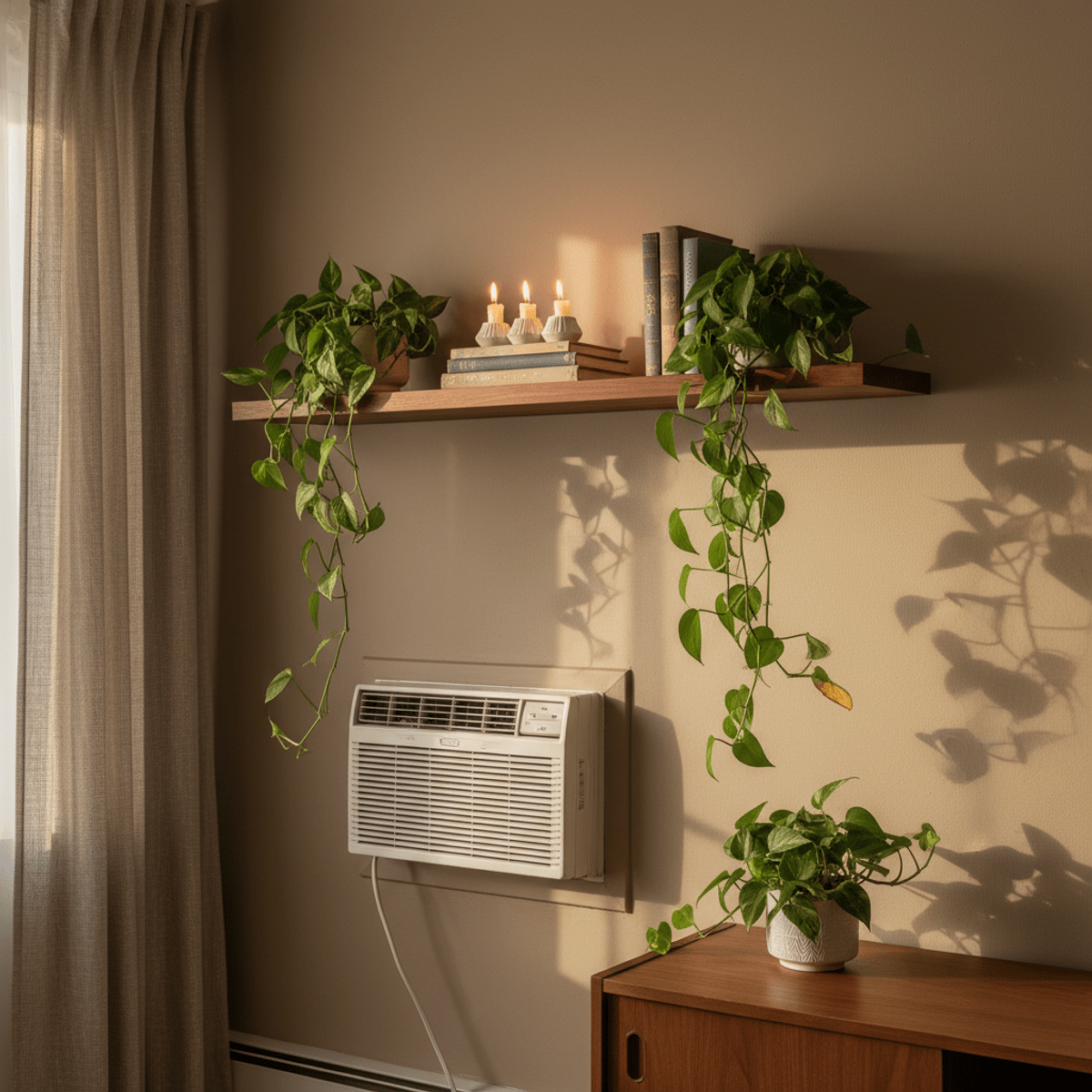 Cozy mid-century modern walnut shelf with plants and books. Mid-century modern wall with walnut shelf, plants, books, and ambient sunlight.