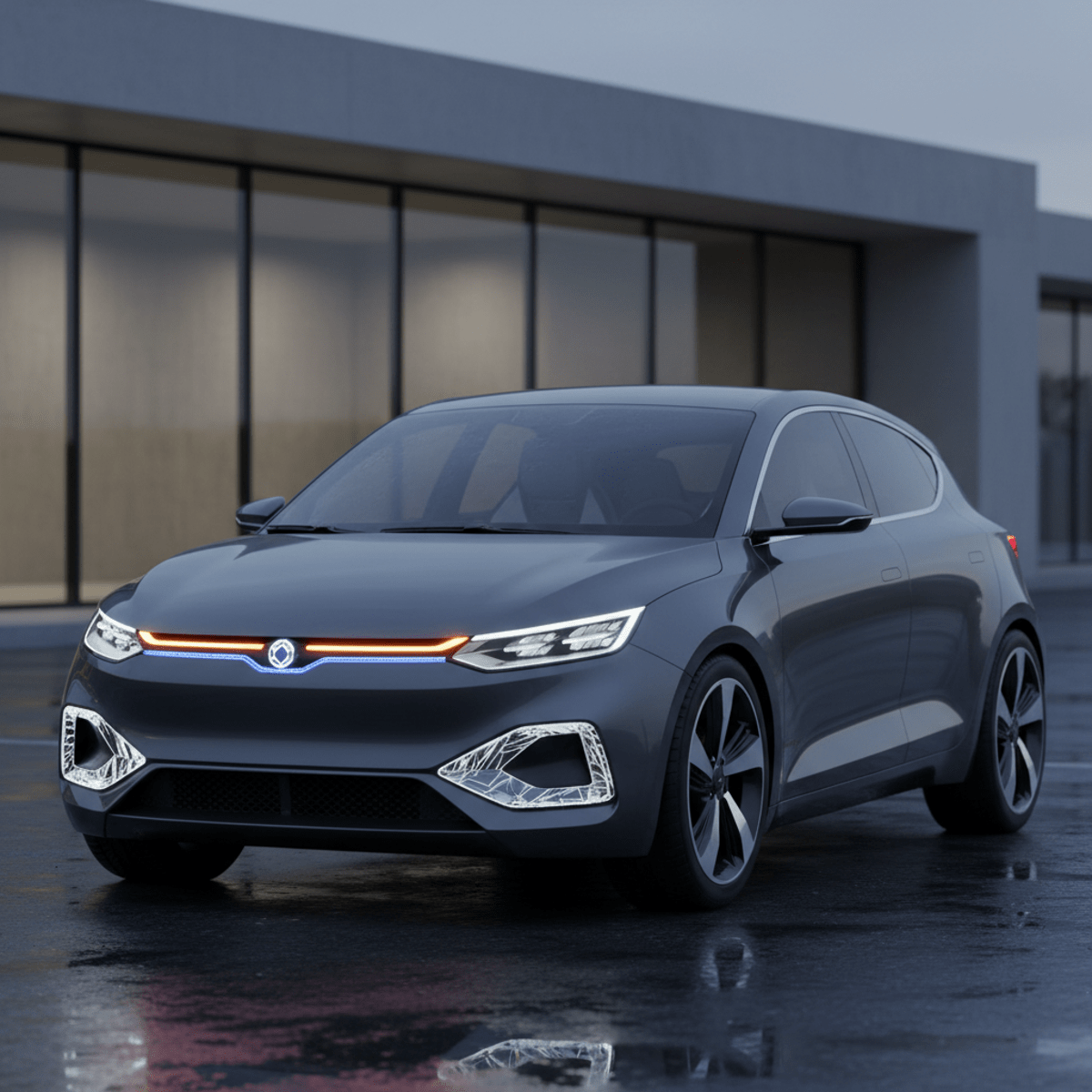 Metallic charcoal subcompact car with LED lights parked by modern architecture at dusk.
