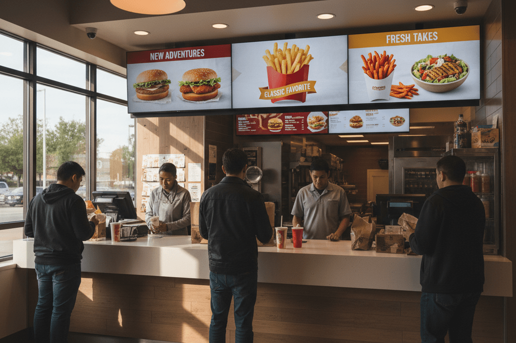 Balanced Fast Food Menu Featuring Permanent Additions Wide shot of fast-food counter with menu board displaying fries, highlighting strategic menu planning and operational stability