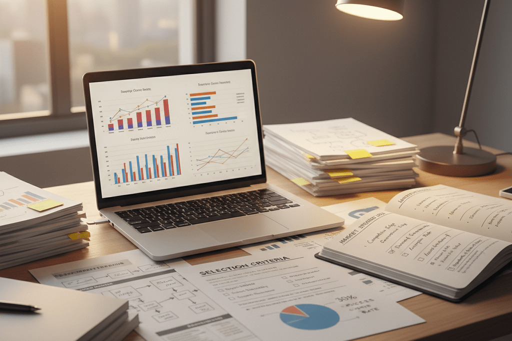 Wide-angle view of an office desk with supply chain analytics, notes, and planning documents under warm natural light