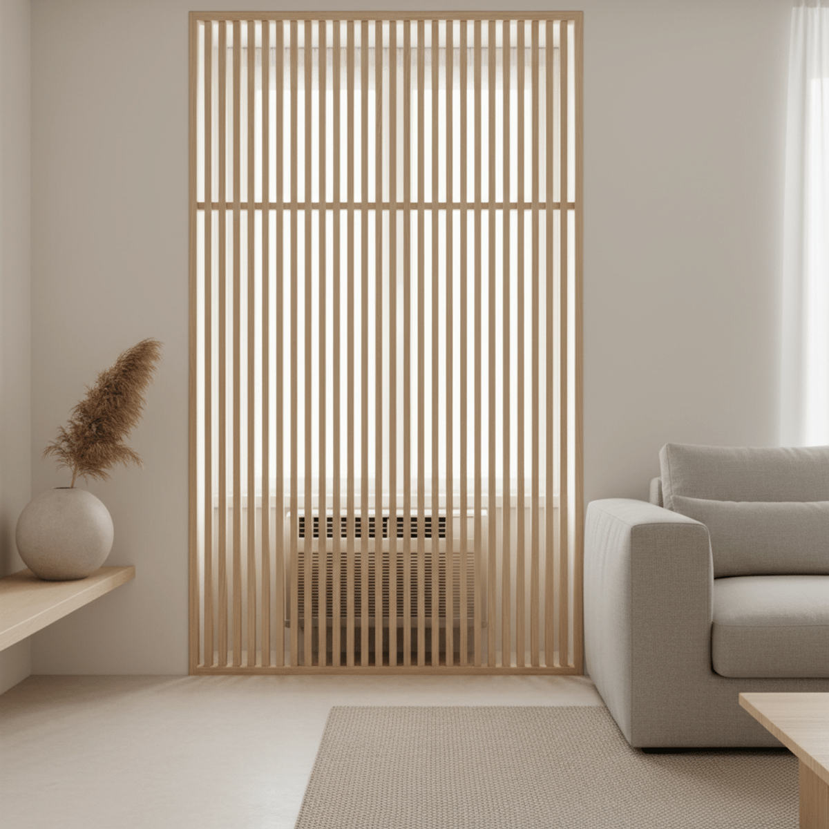 Japandi slatted wood screen concealing AC unit Japandi slatted wood screen expertly hides an AC unit, showcasing natural pine grain.