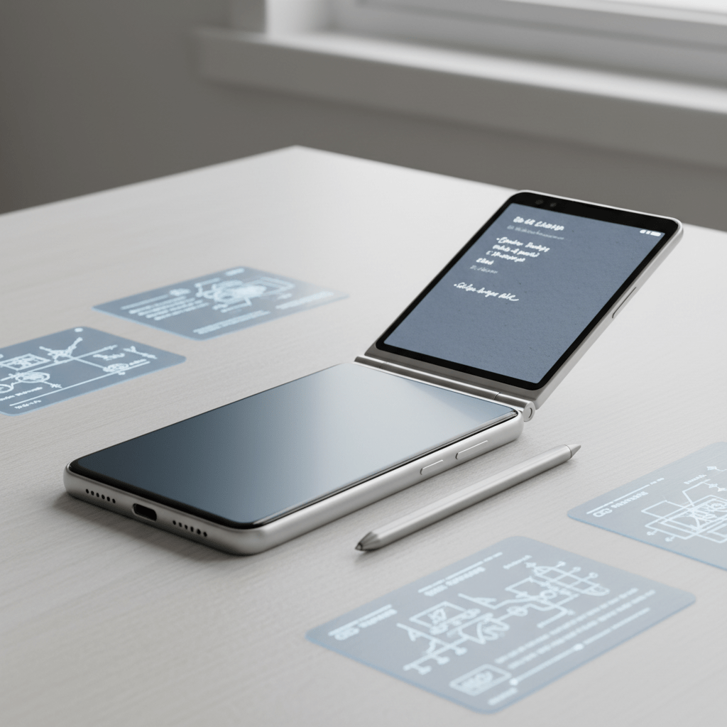 Futuristic sliding smartphone with E-Ink display and stylus on a minimalist desk.