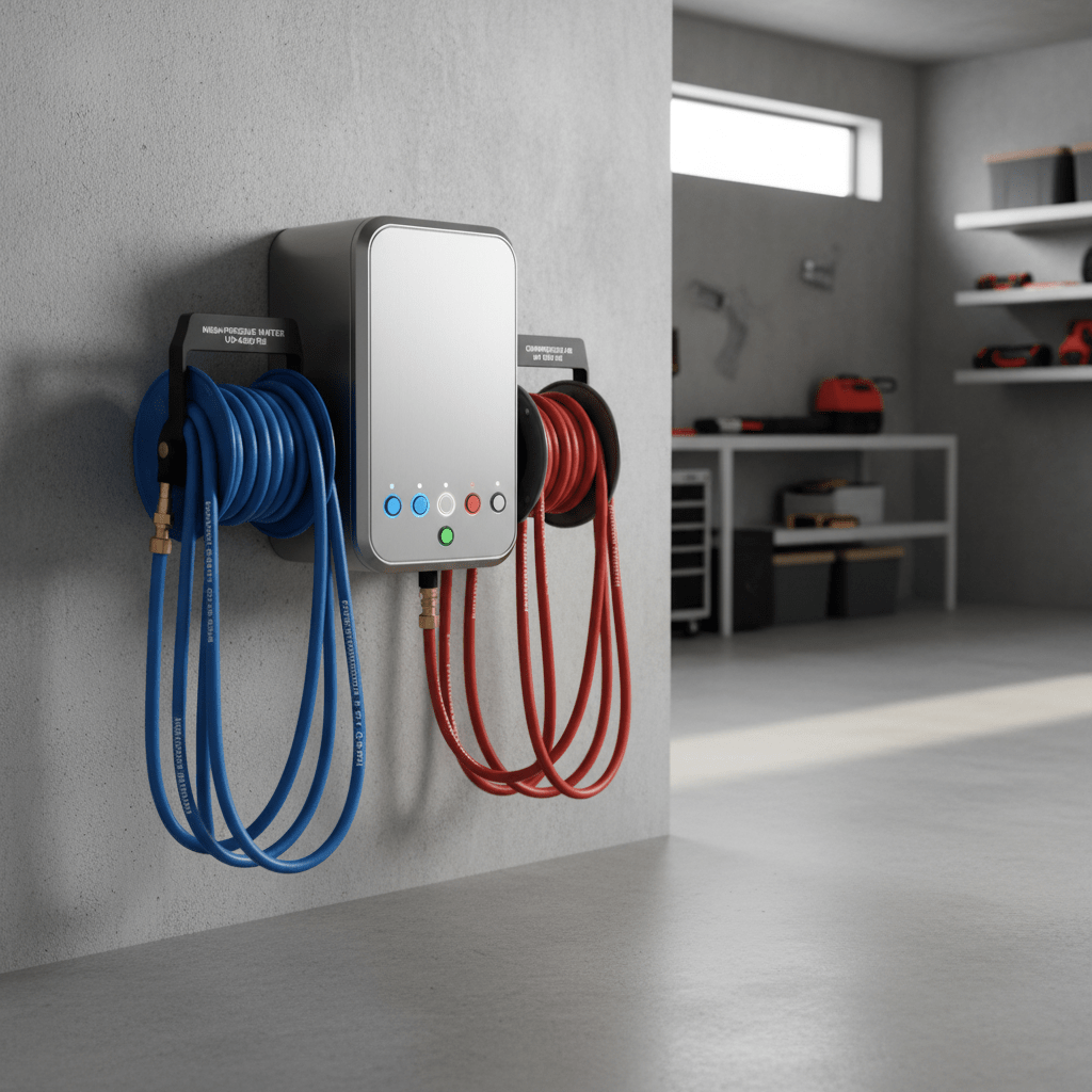 Sleek wall-mounted power washer with dual retractable reels in a modern garage.