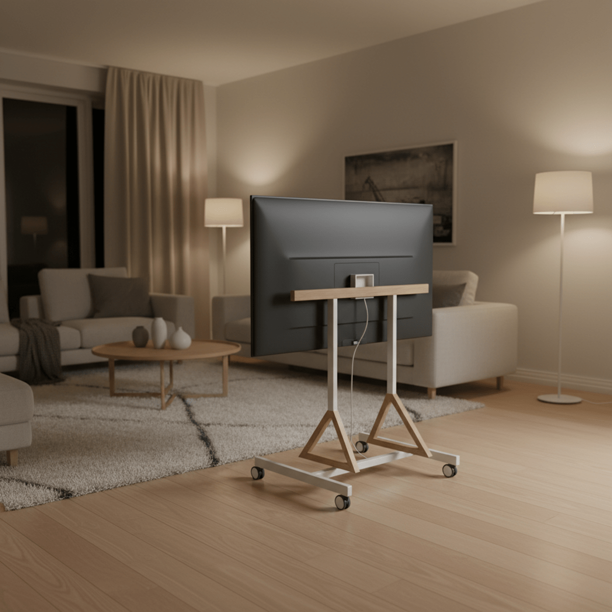 Modern Nordic living room with a portable TV on a sleek aluminum and oak stand.