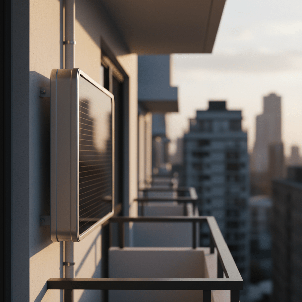 Compact wall-mounted solar heater on a modern apartment balcony during golden hour.