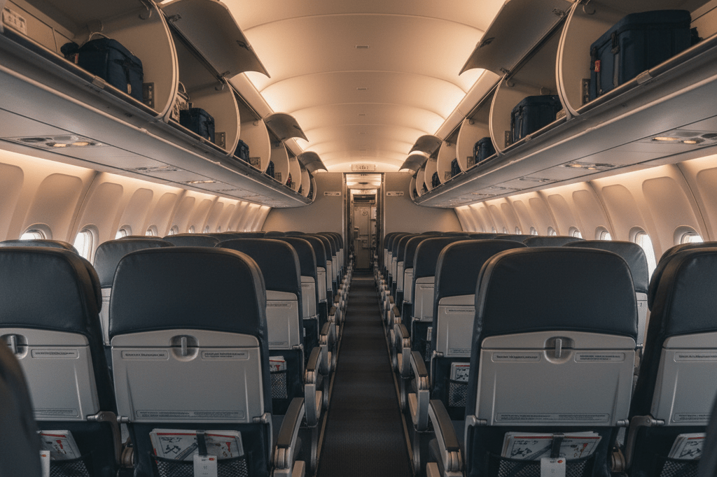 Rows of airplane seats with safety equipment inspected under ambient lighting, highlighting aviation industry protocols