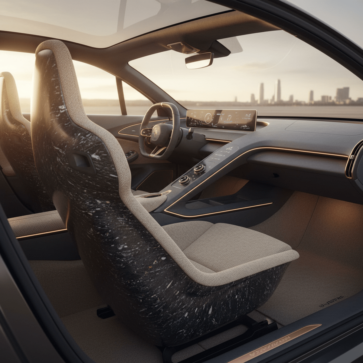 Advanced concept car cabin with sustainable carbon fiber seats and minimalist dashboard.