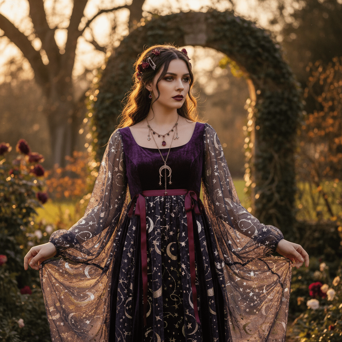 Woman in midnight purple velvet babydoll dress with celestial overlay in an enchanted garden.