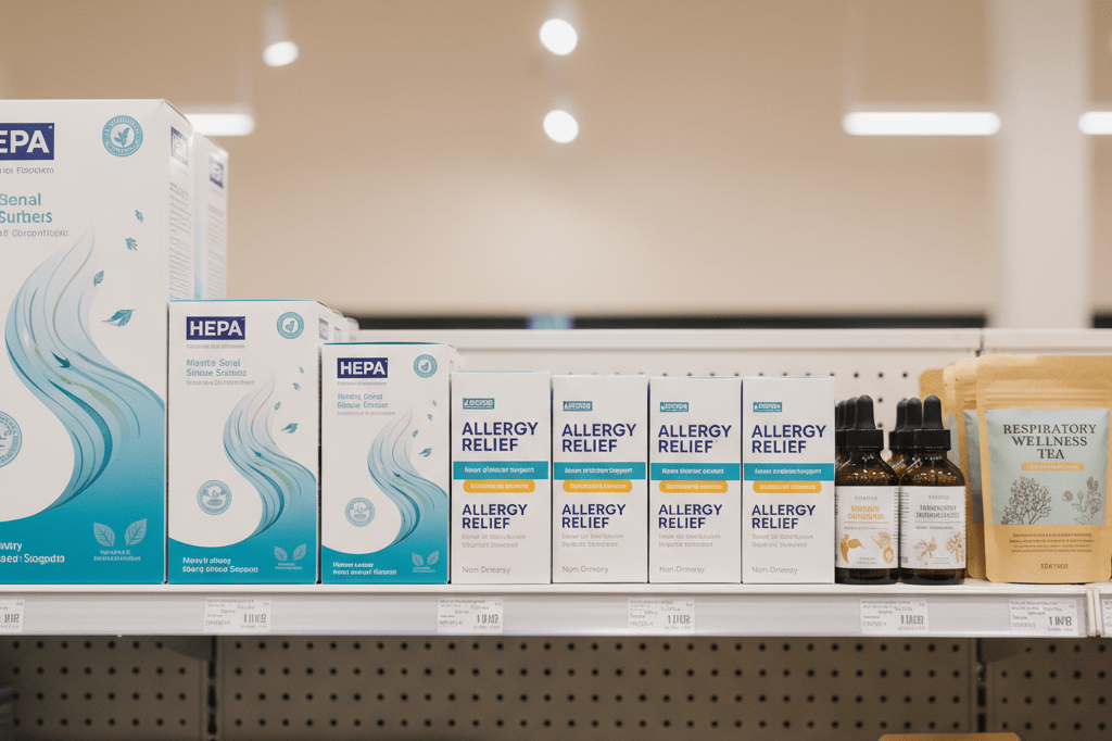 Wide shot of neatly arranged HEPA filters and remedies on a retail shelf under natural store lighting, showcasing seasonal inventory readiness