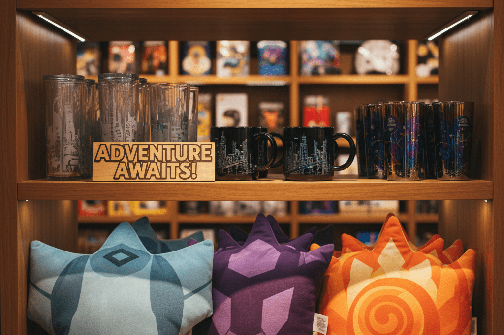 Close-up of themed retail display with pillows and drinkware under warm ambient light, showcasing strategic entertainment marketing