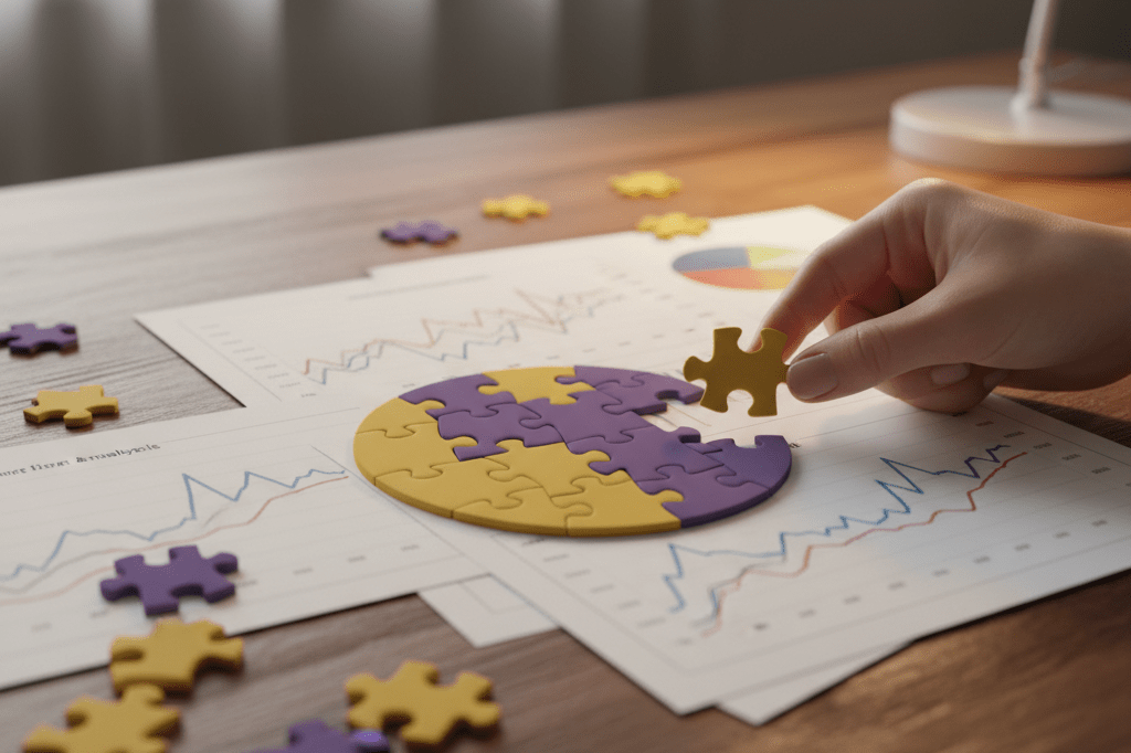Hands arranging colored puzzle pieces near market charts under natural light, symbolizing enhanced pattern recognition skills