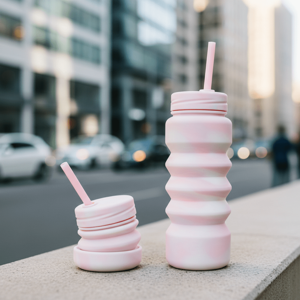 Compressed and expanded silicone water bottle with marbled finish in urban setting.