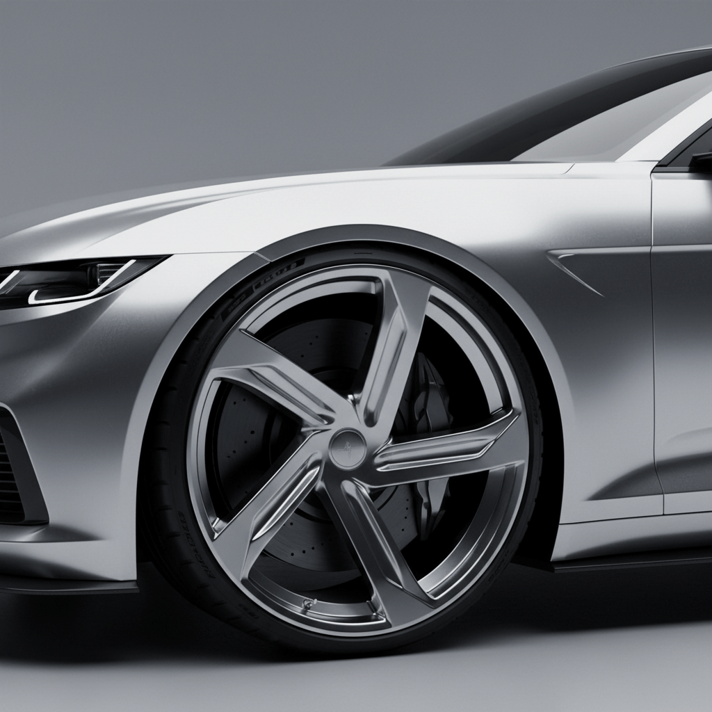 Sleek sedan wheel with concave spokes showing depth and shadow play.