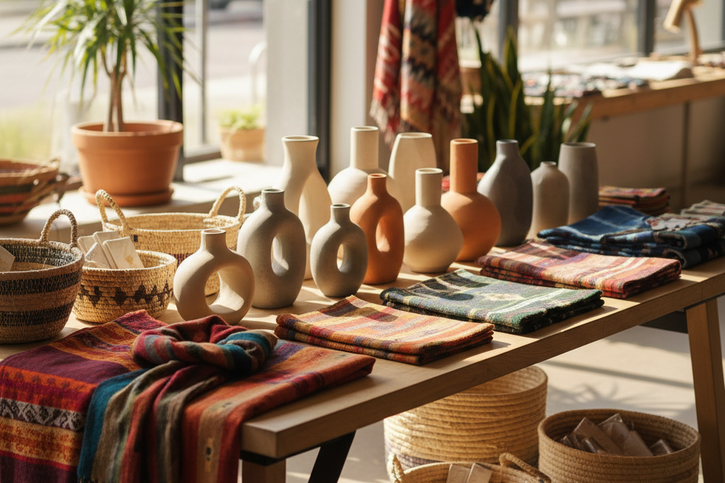 Colorful handmade products on a retail table under natural light, representing women-led economic empowerment