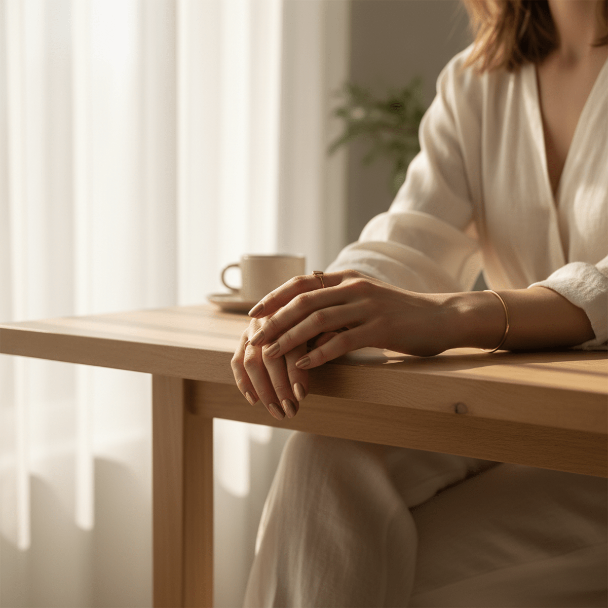 Minimalist rose gold nails with soft metallic beige shimmer on a woman in a linen outfit.
