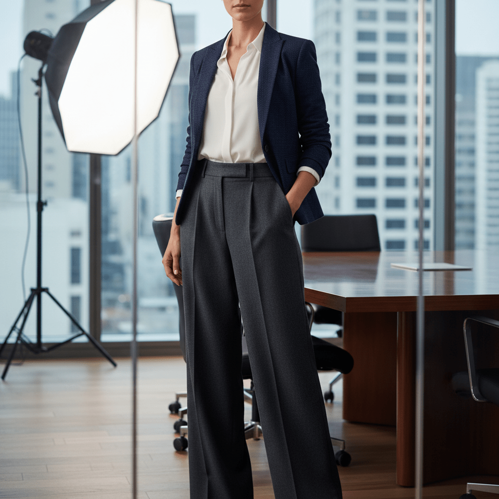 Executive woman in charcoal palazzo pants and navy blazer in a modern boardroom.