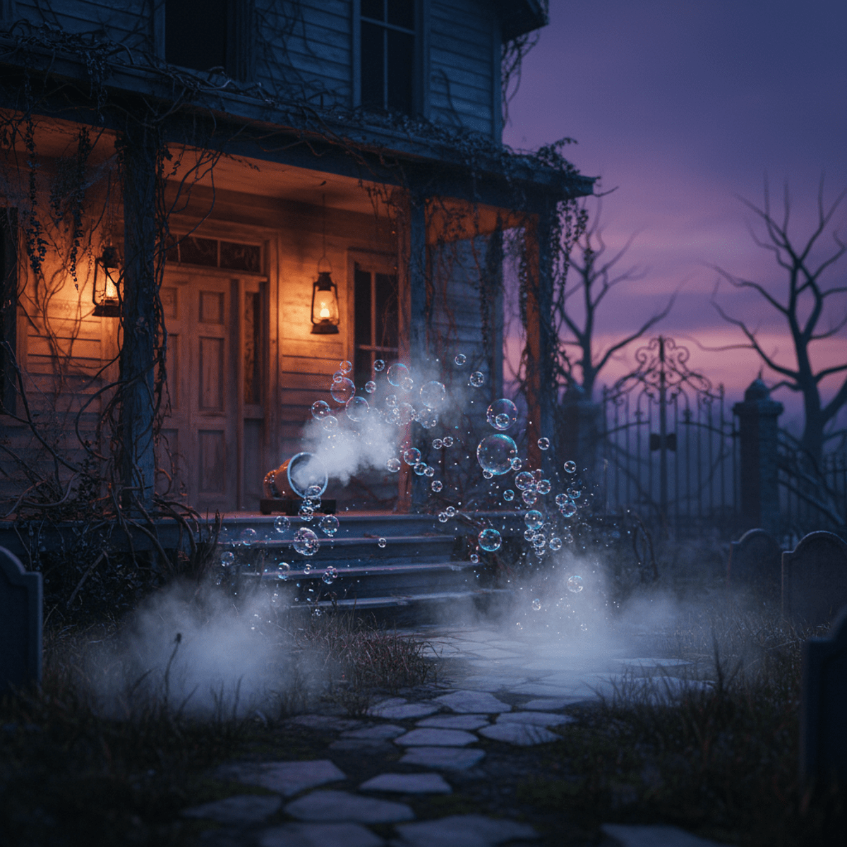 Haunted house entrance with iridescent fog bubbles and mist under twilight.