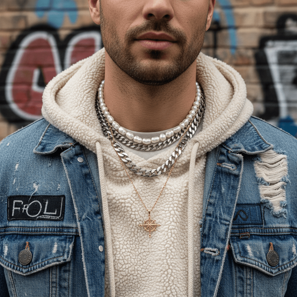 Stylish man with pearls, silver chain, gold pendant, and streetwear in a city.